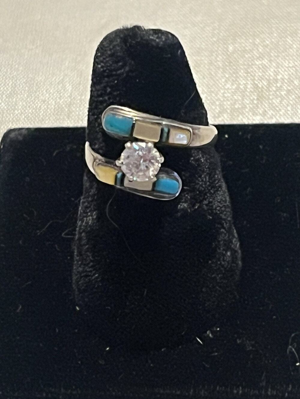 Artisan Made Sterling Bypass Ring Turquoise MOP White Sapphire Size 5